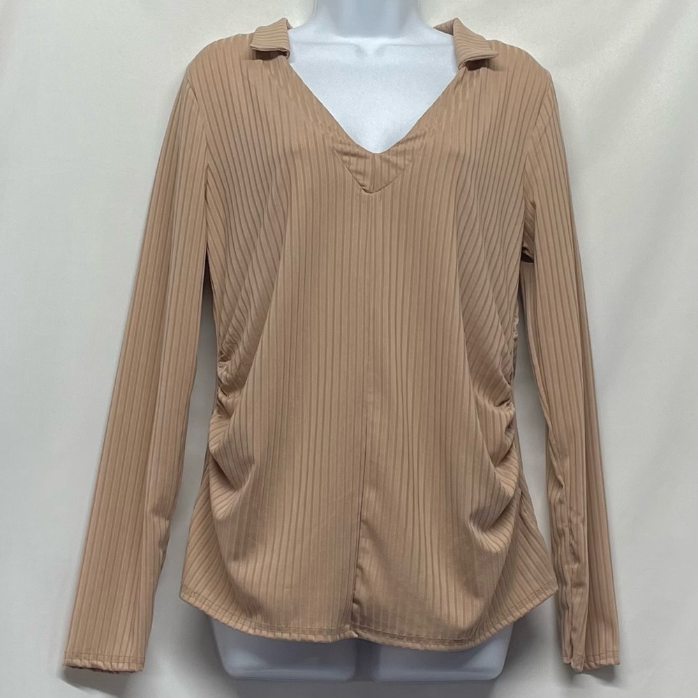 PrettyLittleThing Ruched Collared V-Neck Sweater Beige Size 10